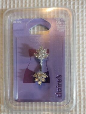 Claire's Silver Leaf Double Crystal Belly Ring